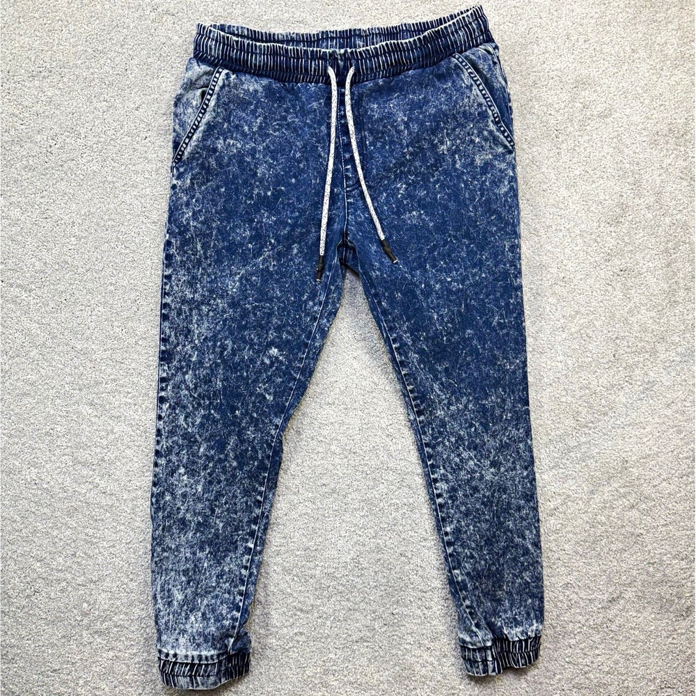 21MEN Acid Wash Denim Joggers Mens L Blue Distressed Drawstring Jeans Sweatpants